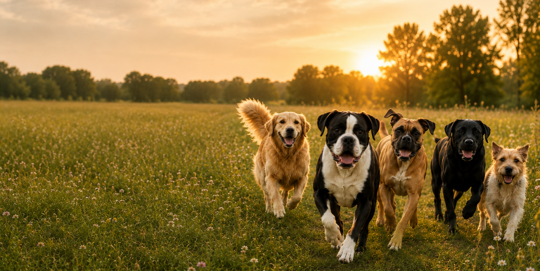 Dogs running through a golden field at sunset